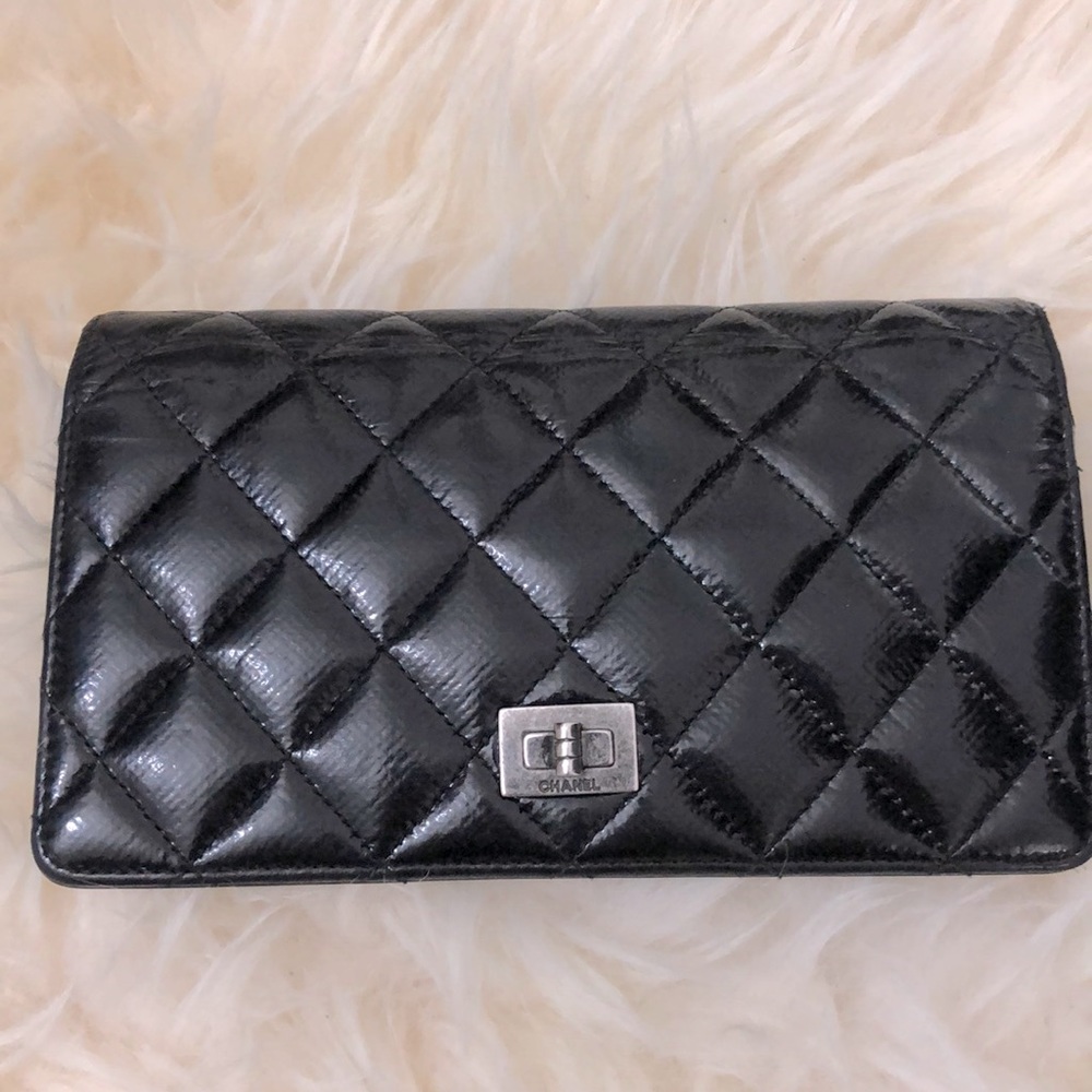 CHANEL Black Quilted Patent Leather Wallet with Silver Hardware